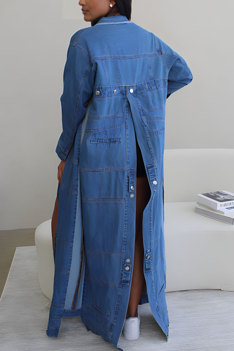 Casual Denim Slit Open Long Denim Jacket - SASHAY COUTURE BOUTIQUE Outerwear