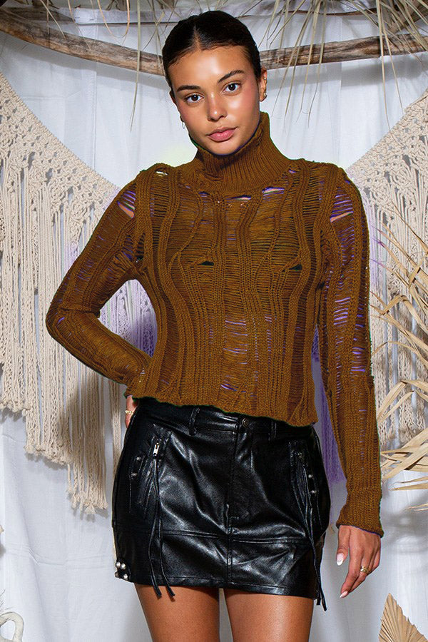 High Neck Distressed Knit Top