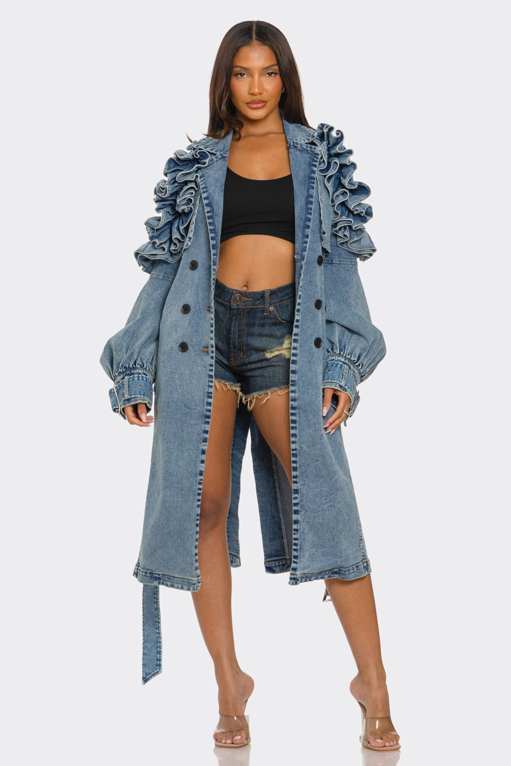 Denim Ruffle Sleeve Trench Coat
