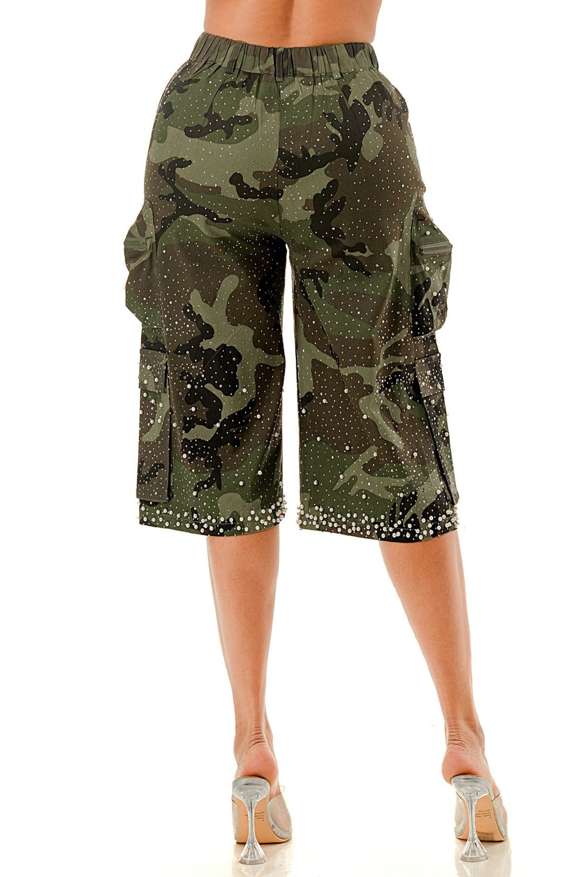 Rhinestone & Pearl Camo Cargo Bermuda Shorts (Curvy)