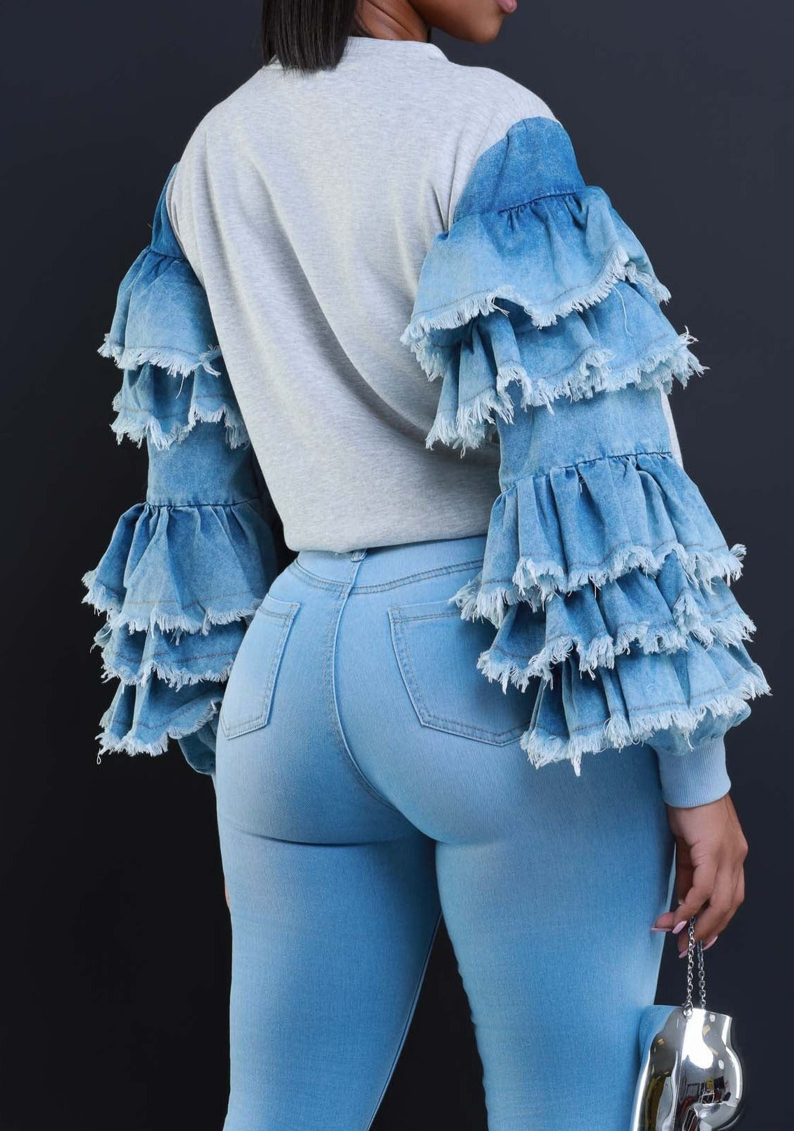 Denim Ruffle Sleeve Top - SASHAY COUTURE BOUTIQUE Tops