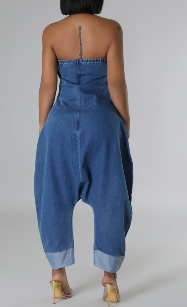 Denim Patchwork Bandeau Jumpsuit