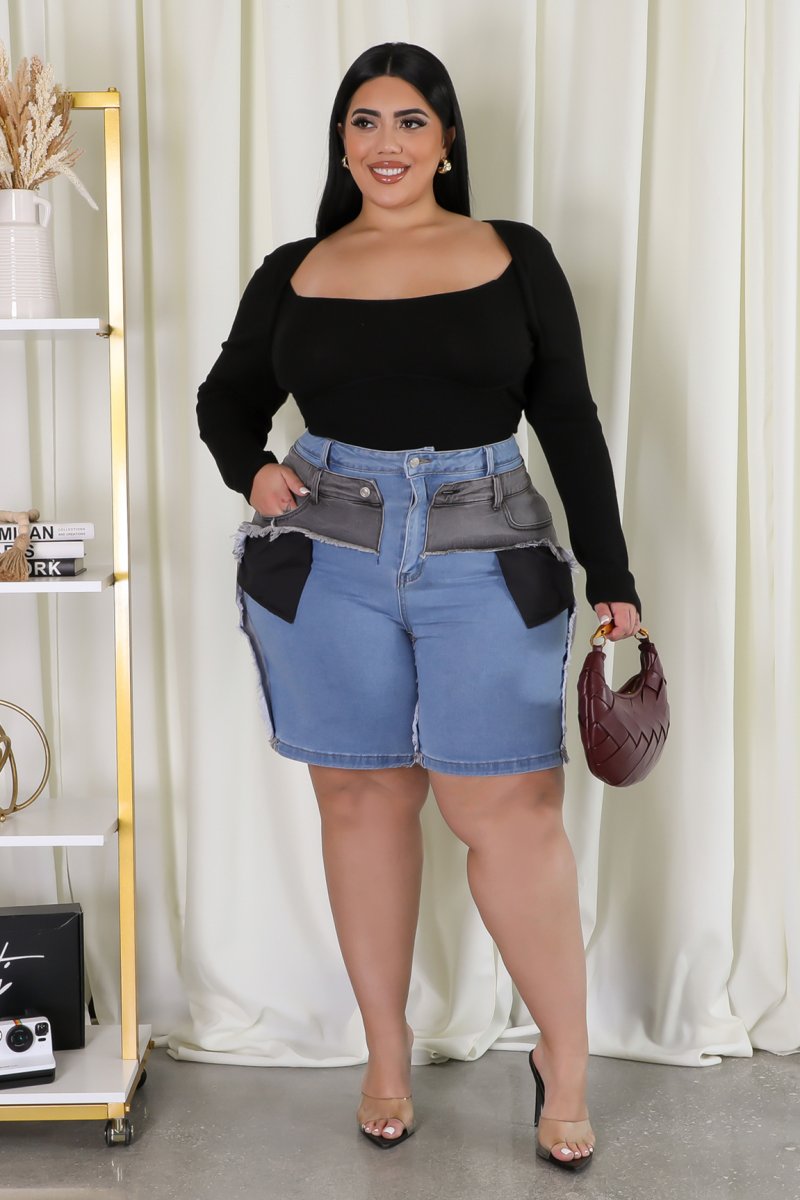 Tri-Color Patch Denim Bermuda Shorts (Curvy)