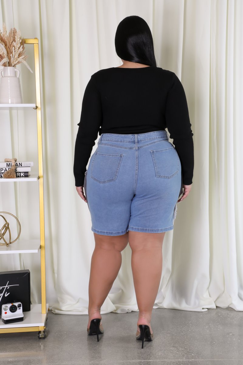 Tri-Color Patch Denim Bermuda Shorts (Curvy)