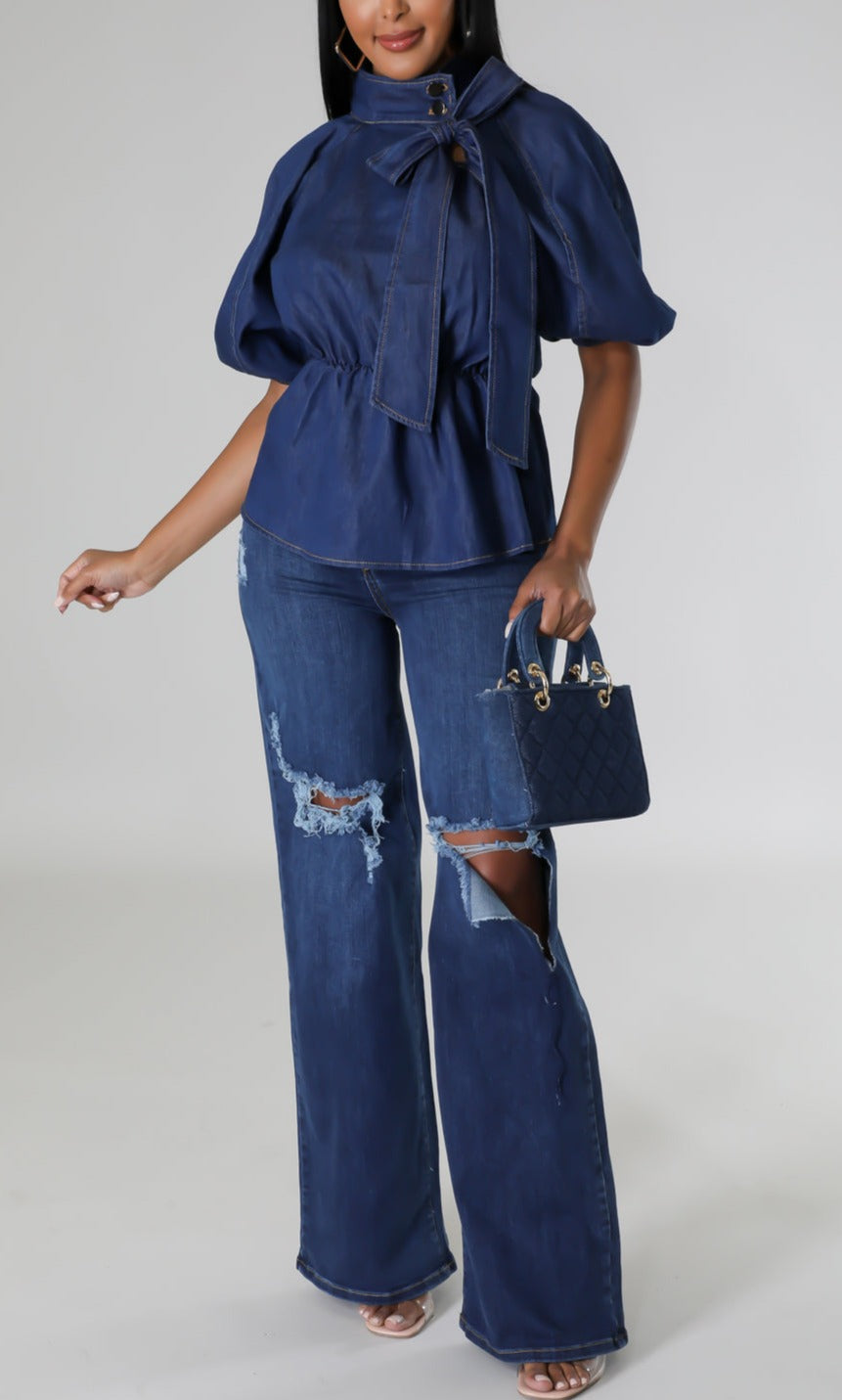 Dark Denim Blouse with Neck Tie - SASHAY COUTURE BOUTIQUE Tops