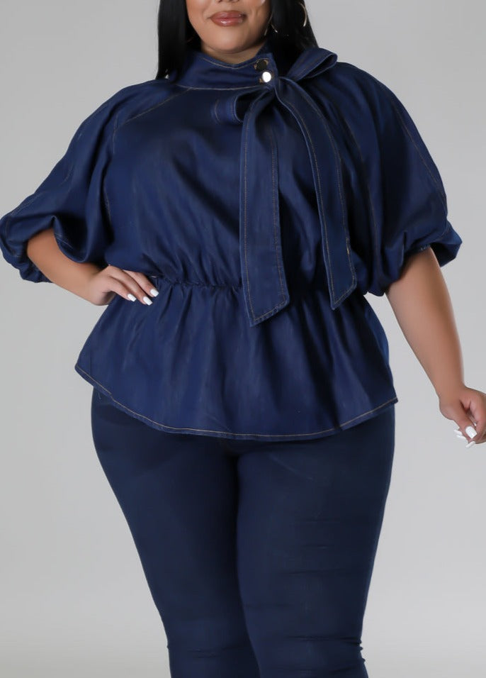Dark Denim Blouse with Neck Tie (Curvy) - SASHAY COUTURE BOUTIQUE Tops