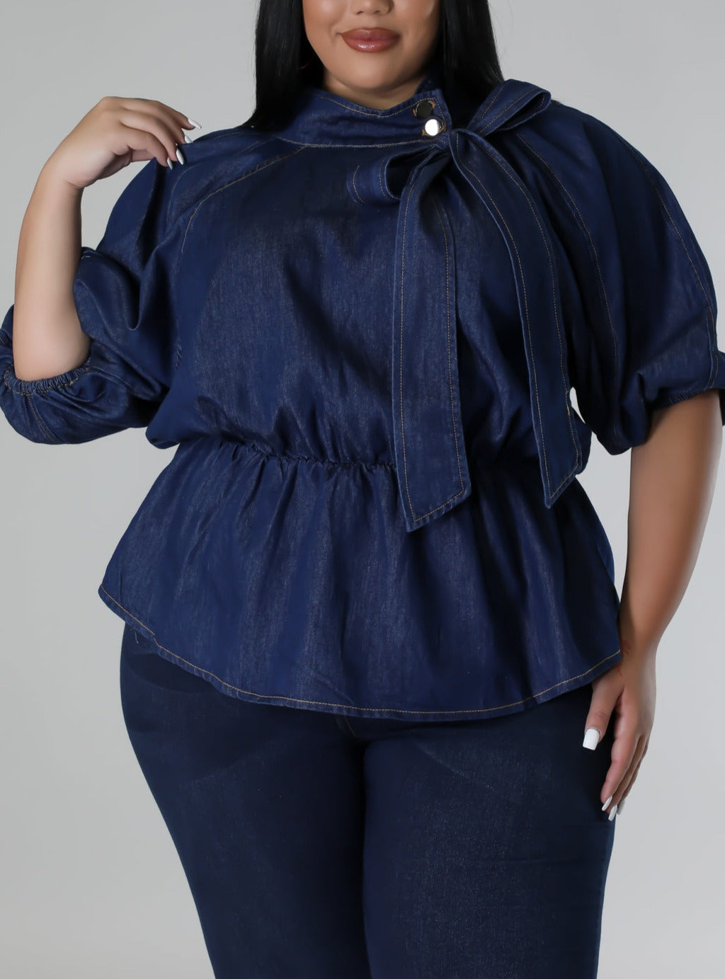 Dark Denim Blouse with Neck Tie (Curvy) - SASHAY COUTURE BOUTIQUE Tops