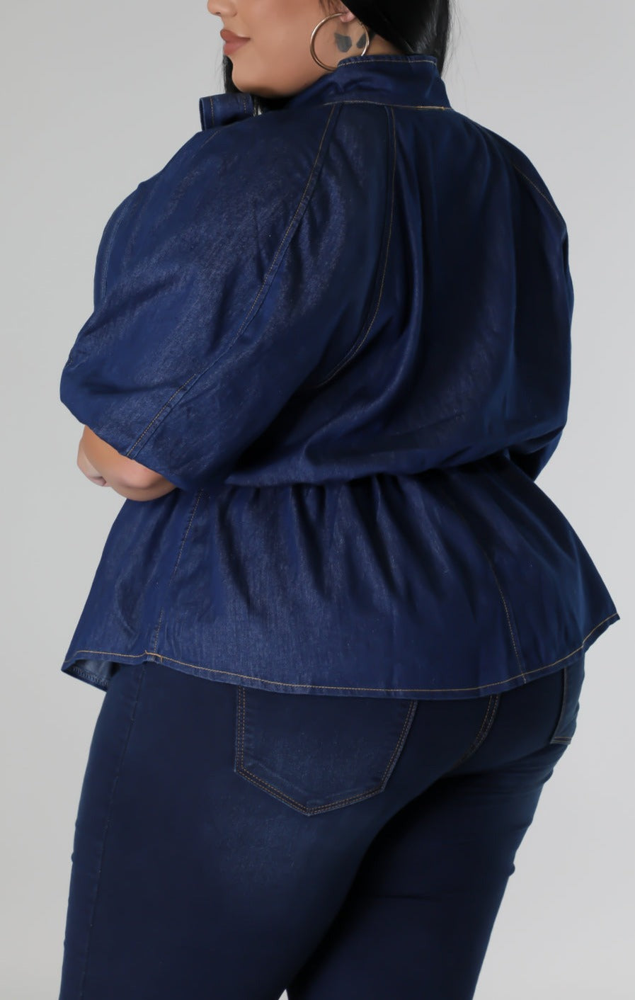 Dark Denim Blouse with Neck Tie (Curvy) - SASHAY COUTURE BOUTIQUE Tops