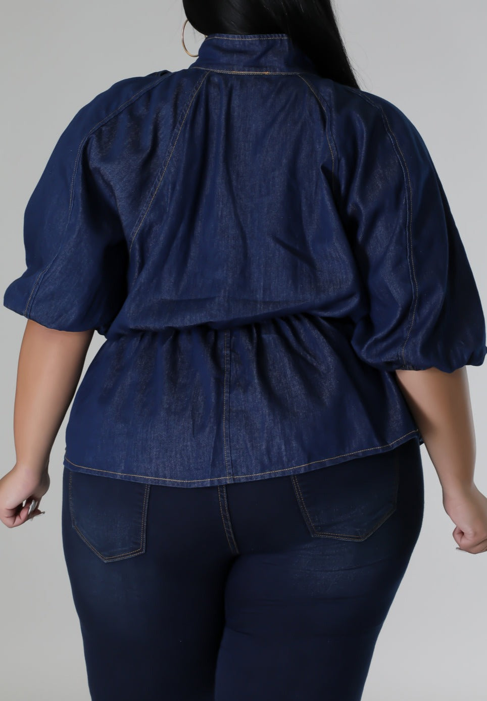 Dark Denim Blouse with Neck Tie (Curvy) - SASHAY COUTURE BOUTIQUE Tops