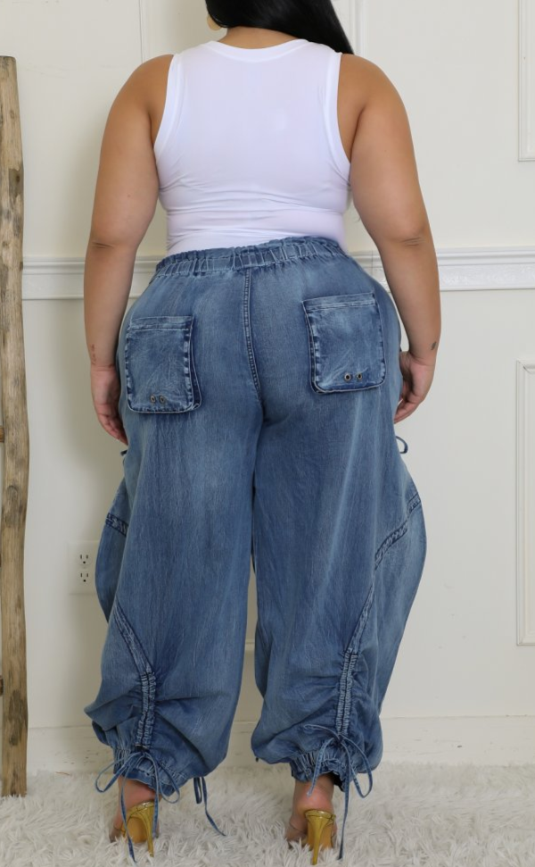Urban Chic Drawstring Denim Cargo Pants - CURVY