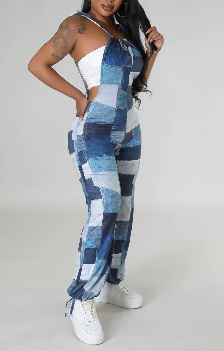Spaghetti Strapped Denim Print Jumpsuit - SASHAY COUTURE BOUTIQUE Apparel & Accessories