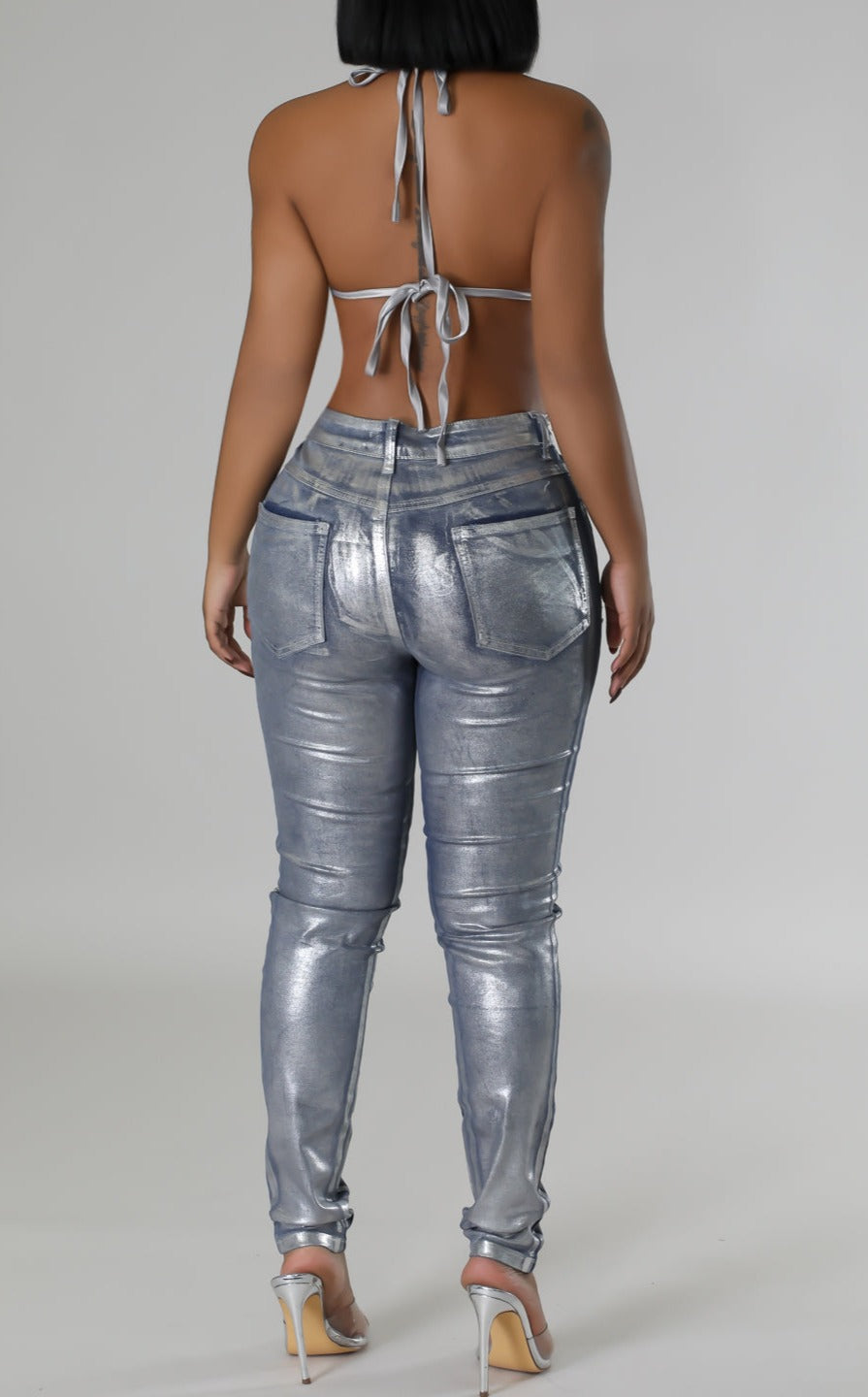 Metallic Silver Coated Denim with Rhinestones - SASHAY COUTURE BOUTIQUE Bottoms