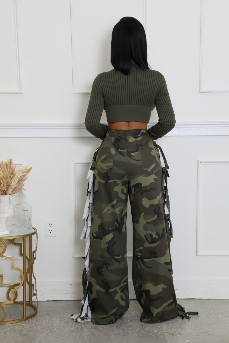 Fringed Detail Wide Leg Camo Pants
