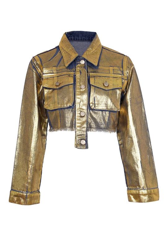 Metallic Gold Washed Cropped Denim Jacket - SASHAY COUTURE BOUTIQUE