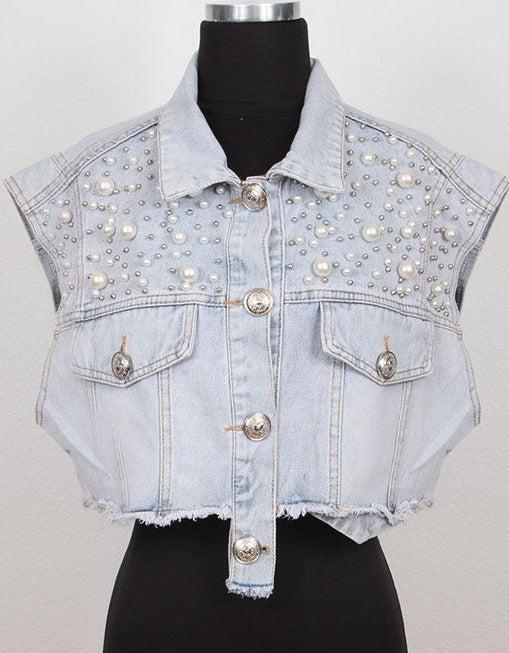 Rhinestone and Pearl Denim Vest - SASHAY COUTURE BOUTIQUE Outerwear