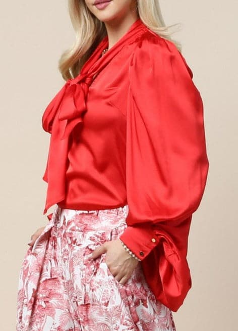 Bubble Sleeved Blouse with Long Tie - SASHAY COUTURE BOUTIQUE Clothing