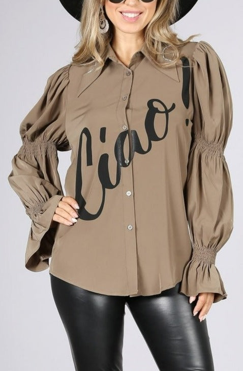 "CIAO" Print Blouse w/Rhinestones - SASHAY COUTURE BOUTIQUE Tops