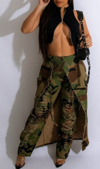 Camouflage Front Slit Cargo Open Maxi - SASHAY COUTURE BOUTIQUE Bottoms