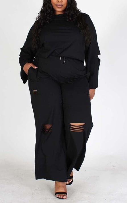 Distressed Hem Crop Top and Pants (Curvy) - SASHAY COUTURE BOUTIQUE Outfit Sets