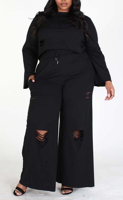 Distressed Hem Crop Top and Pants (Curvy) - SASHAY COUTURE BOUTIQUE Outfit Sets