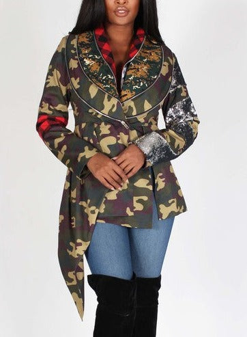Camo Print Asymmetrical Jacket w/ Sequins - SASHAY COUTURE BOUTIQUE