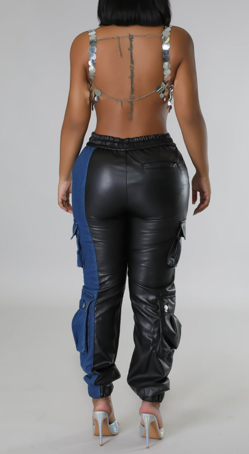 Split Decision Vegan/Denim Cargo Pants - SASHAY COUTURE BOUTIQUE Bottoms