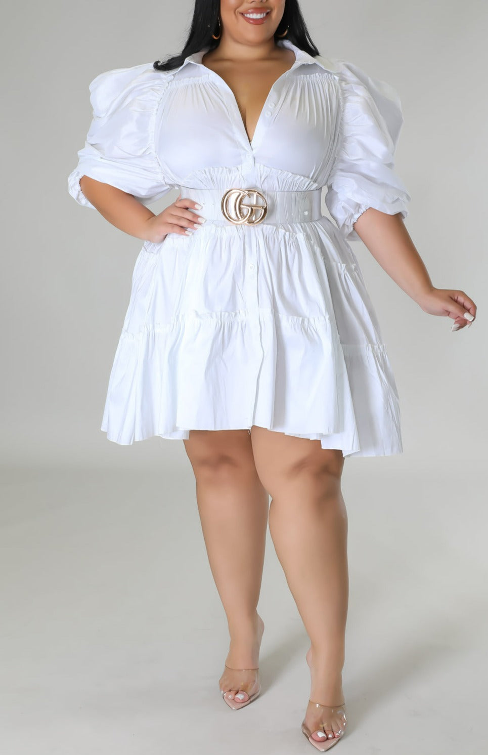 Puff Shoulder Babydoll Dress (Curvy) - SASHAY COUTURE BOUTIQUE Dresses