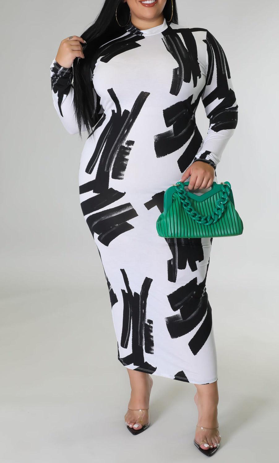 White with Black Fitted Midi Dress (Curvy) - SASHAY COUTURE BOUTIQUE Dresses