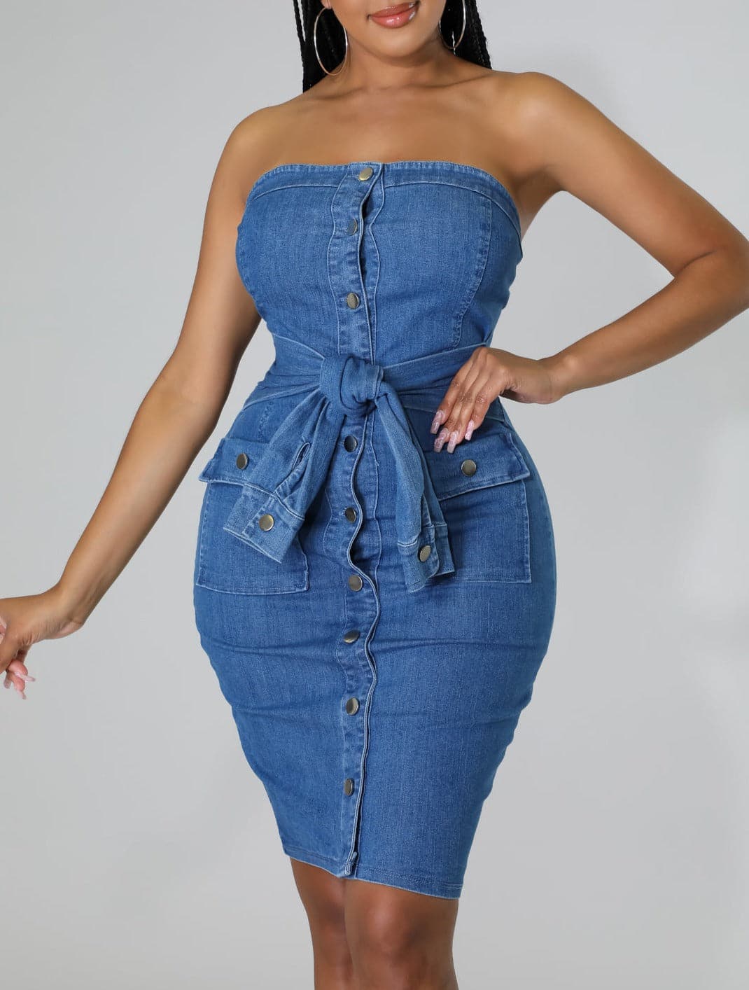 Strapless Denim Midi Dress - SASHAY COUTURE BOUTIQUE Dresses