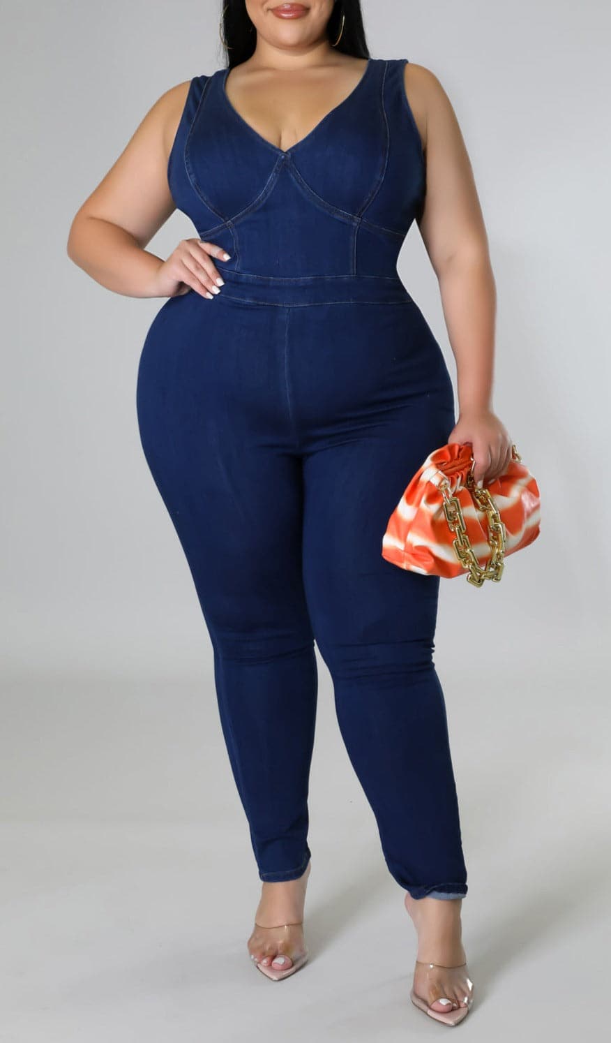 V-Neck Dark Denim Jumpsuit (Curvy) - SASHAY COUTURE BOUTIQUE Jumpsuits & Rompers