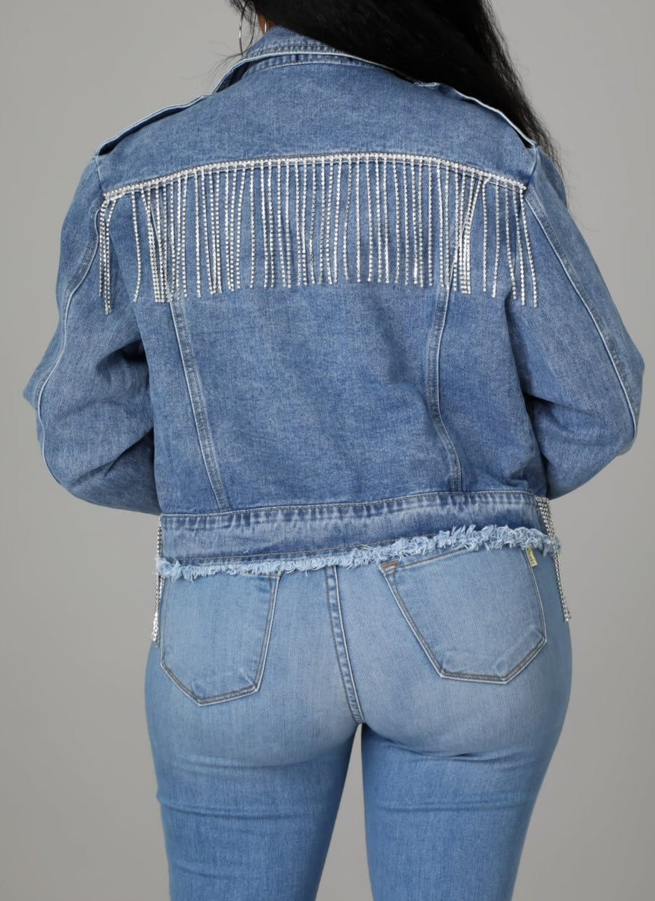 Rhinestone Fringed Denim Jacket - SASHAY COUTURE BOUTIQUE Outerwear