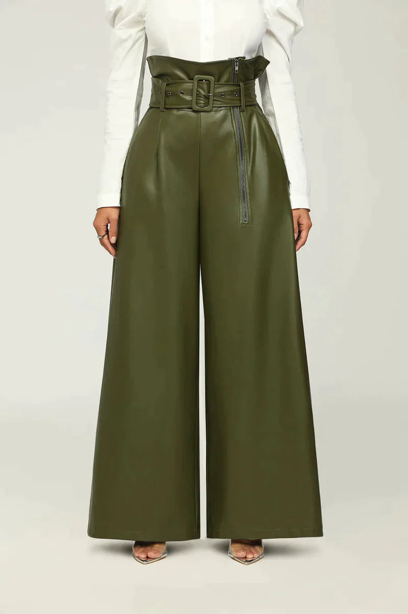 Paper Bag Waist Wide Leg Vegan Leather Pants - SASHAY COUTURE BOUTIQUE Bottoms