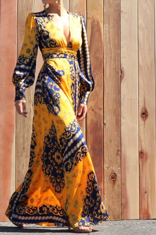 Printed V Neck Satin Puff Sleeve Maxi Dress - SASHAY COUTURE BOUTIQUE Dresses