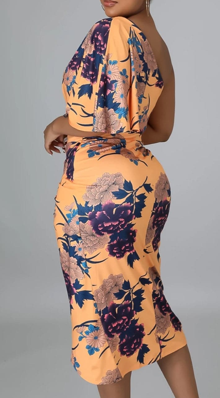 One Shoulder Peach Floral Midi - SASHAY COUTURE BOUTIQUE Dresses