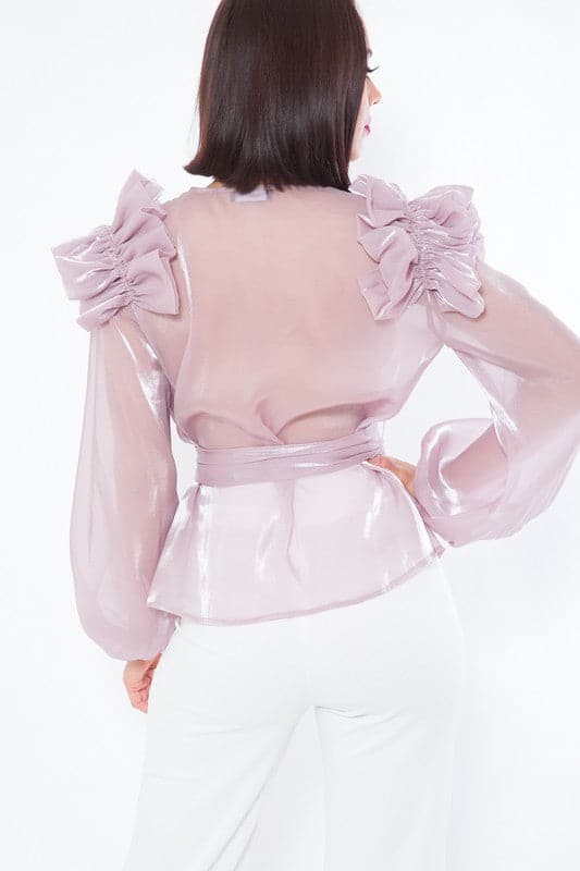 Ruffle Detailed Overlap Tied Blouse - SASHAY COUTURE BOUTIQUE Tops