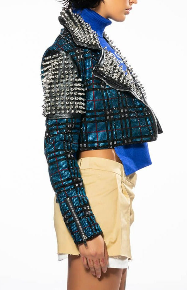 Rhinestone & Vegan Leather Cropped Moto Jacket - SASHAY COUTURE BOUTIQUE Outerwear