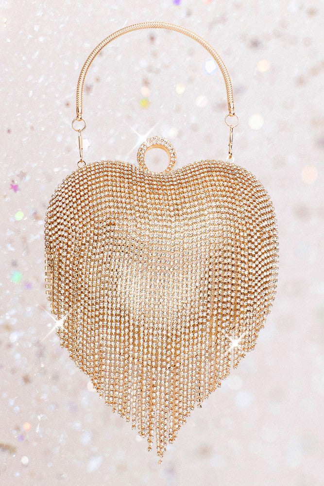 Elegant Rhinestone Fringe Heart Clutch