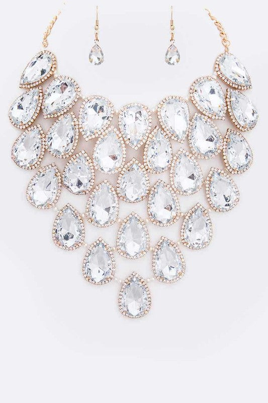 Crystal Teardrop Statement Bib Necklace Set