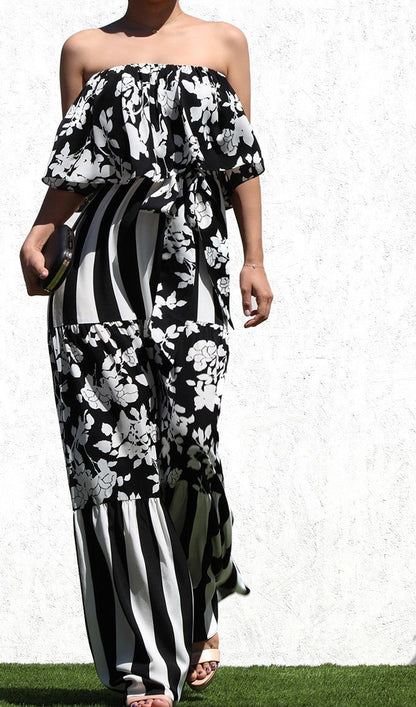 Striped and Floral Designed Maxi Dress - SASHAY COUTURE BOUTIQUE Dresses