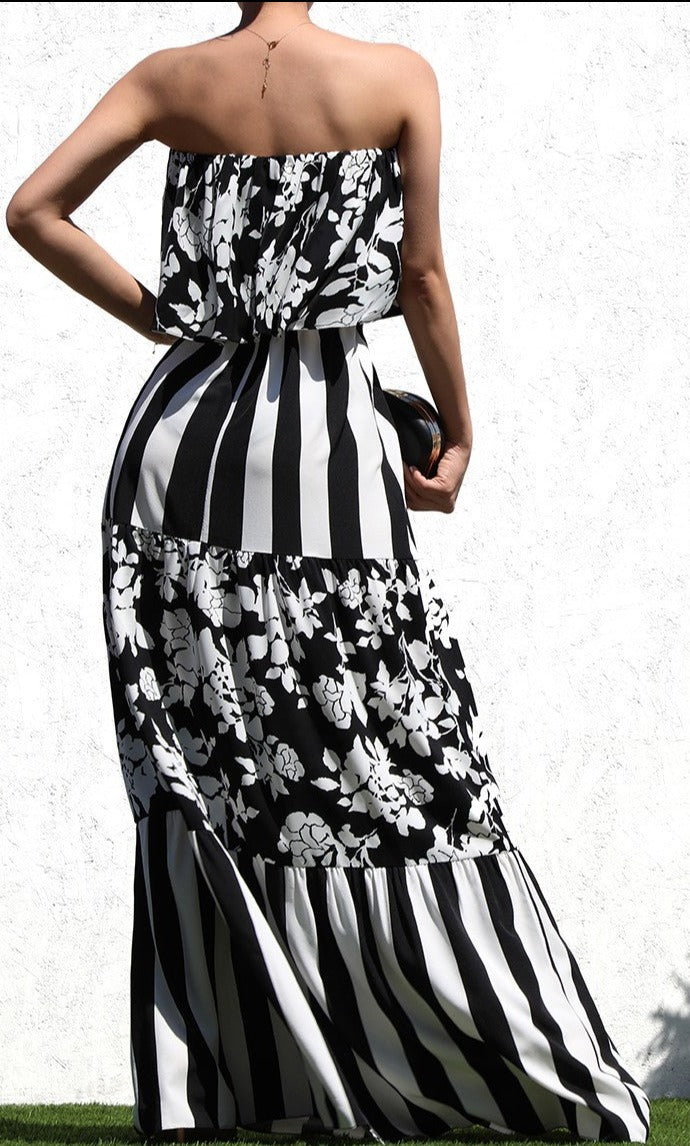 Striped and Floral Designed Maxi Dress - SASHAY COUTURE BOUTIQUE Dresses