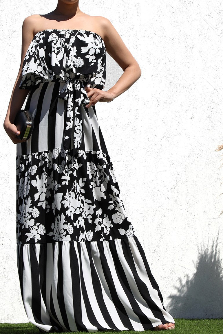 Striped and Floral Designed Maxi Dress - SASHAY COUTURE BOUTIQUE Dresses