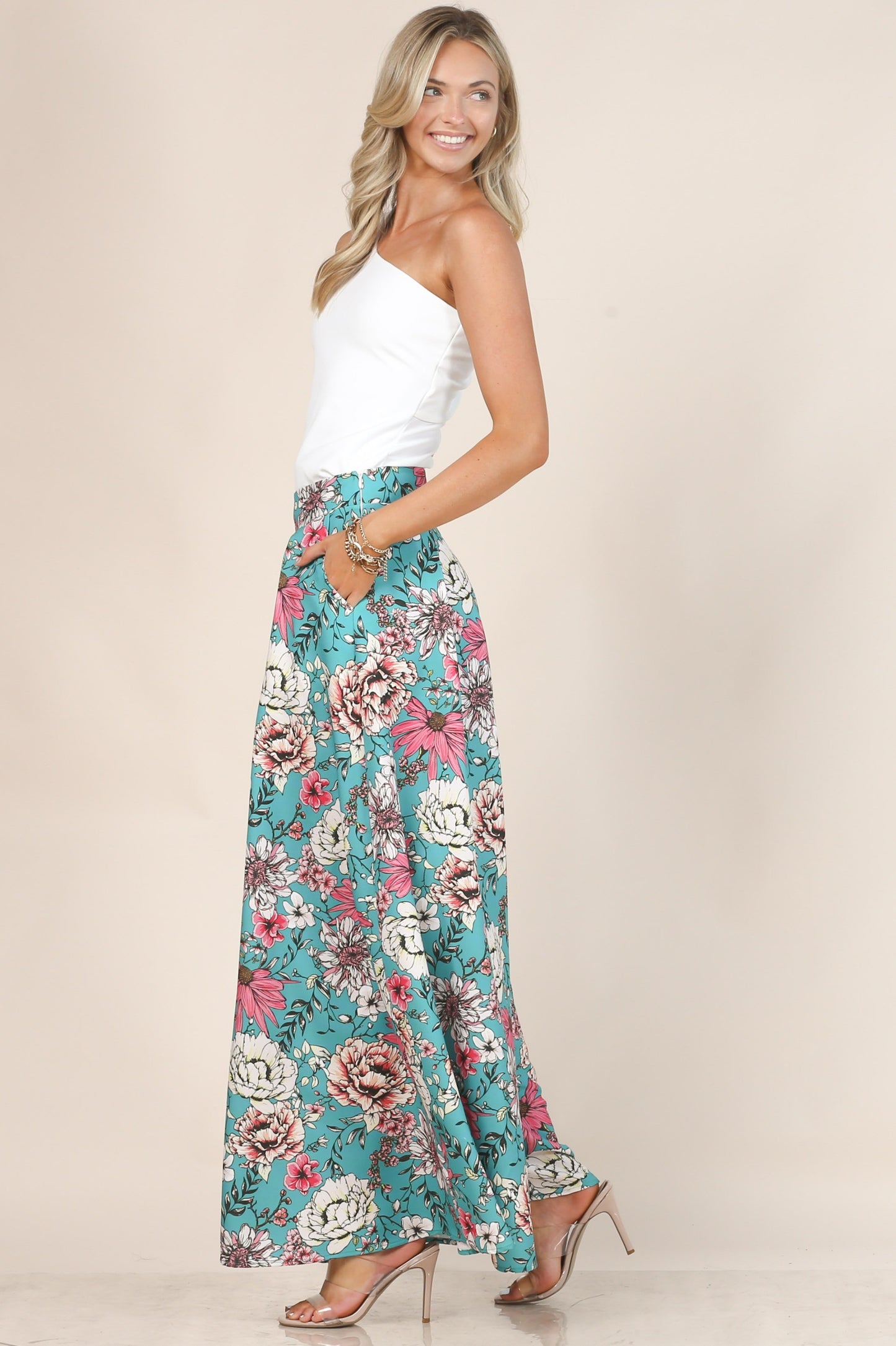 Fresh Bouquet Flower Print Wide Leg Palazzo Pants