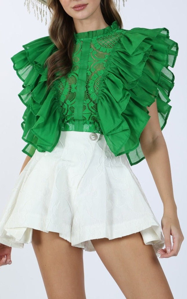 Ruffled Cropped Lace Blouse - SASHAY COUTURE BOUTIQUE Tops