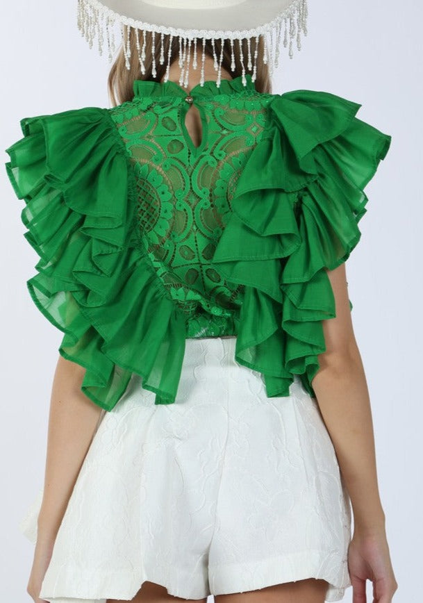 Ruffled Cropped Lace Blouse - SASHAY COUTURE BOUTIQUE Tops