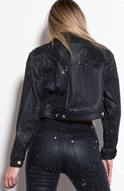 All-Over Rhinestones Cropped Coated Jacket