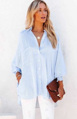 Stripe Smocked shirred oversized shirt blouse