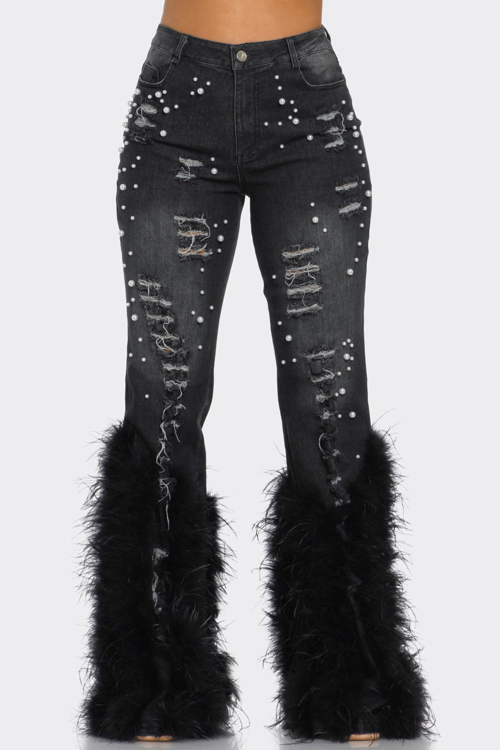 NEW COLOR Distressed Pearl Embellished Feather Detail Jeans