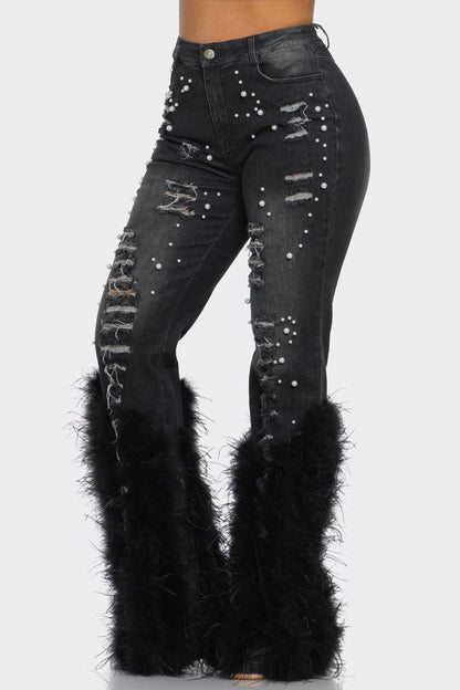 NEW COLOR Distressed Pearl Embellished Feather Detail Jeans