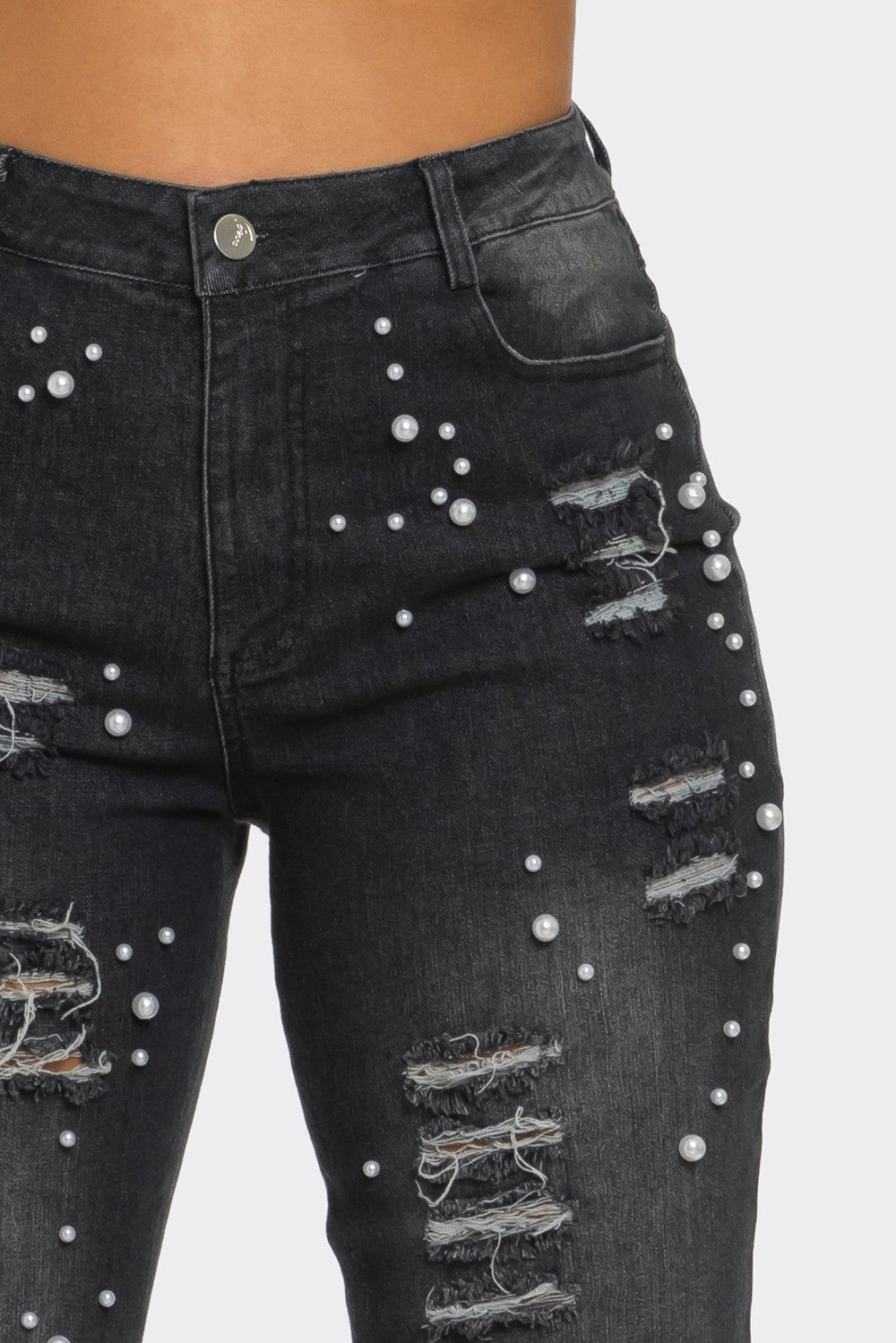 NEW COLOR Distressed Pearl Embellished Feather Detail Jeans