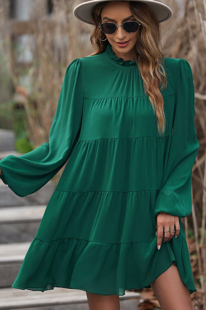 Puff Sleeve Mock Neck Back Knot Tiered Dress